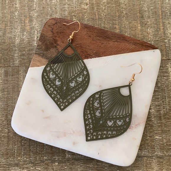 Army Green Filigree Drop Earrings - Picture 2 of 4